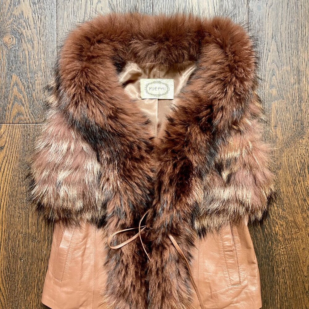 New Real Fox Fur Brown Leather Vest XS - Picture 1 of 10